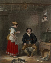Sancho Panza sentado junto a su esposa Teresa, y una barrica